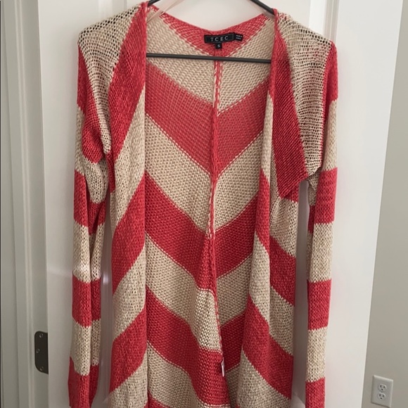 TCEC stripe knit open cardigan coral cream size S - Picture 1 of 5
